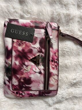 GUESS Pink Floral Wristlet with Gold Accent